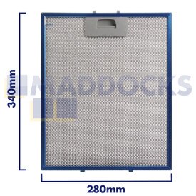 Universele afzuigkapfilter van gaas, lengte handgreepzijde 280 mm, lengte effen zijde 340 mm, past op Teka